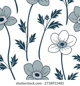 Vintage inspired Anemone seamless pattern with muted colors and distressed textures on white concept as Muted color vintage Anemone flowers with distressed textures creating timeless seamless pattern ideal for retro designs in Photo Stock Concept and empty space on the left side,no text --ar 7:2 --tile