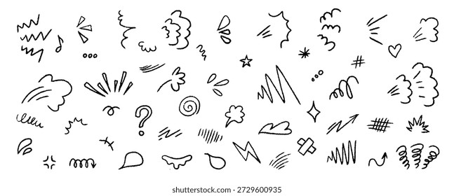 Vintage inspired anime emotion effect elements with sketchy lines, arrows and scribbles. Retro cartoon doodle marks for manga, comic emotion, movement and decorative graphic accents.