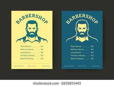 Vintage inspired barbershop flyer with bold male portrait, clean layout, price list for haircut and grooming services, and classic typography elements. Vector illustration