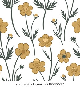 Vintage inspired buttercup seamless pattern with muted colors and distressed textures on white concept as Muted color vintage buttercups with distressed textures creating a timeless seamless pattern ideal for retro designs in Photo Stock Concept and empty space on the left side,no text --ar 7:2 --tile