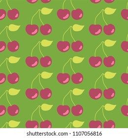Vintage inspired cherries seamless vector pattern on a green background.