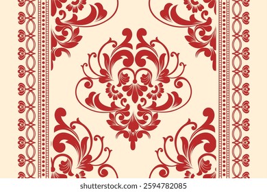 Vintage inspired damask pattern with detailed red floral elements and decorative borders. Perfect for invitations and home decor.