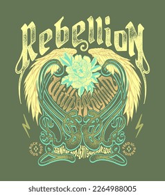 a vintage inspired design in Art Nouveau poster style  with wings and retro style wordings illustration to showcase the slogan Rebellion with a rhythm