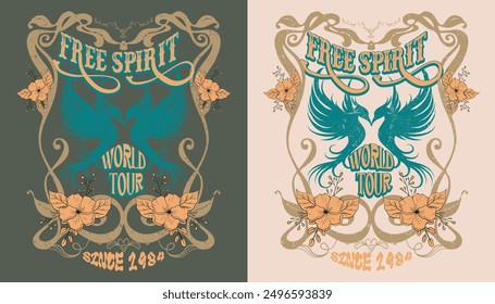 un diseño de inspiración vintage en estilo de póster Art Nouveau con una ilustración de pájaro, floral y marco Create Happiness, diseño de camiseta de Vector para niñas. ilustraciones de póster para ropa, póster, fondo