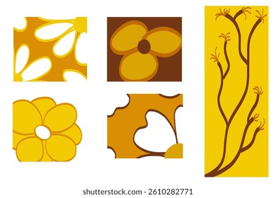 Vintage inspired floral pattern featuring yellow and brown blooms, repeating across surface with organic branch like arrangement