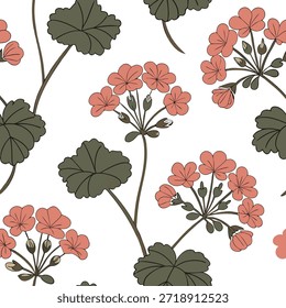 Vintage inspired geranium seamless pattern with muted colors and distressed textures on white concept as Muted color vintage geraniums with distressed textures creating a timeless seamless pattern ideal for retro designs in Photo Stock Concept and empty space on the left side,no text --ar 7:2 --tile