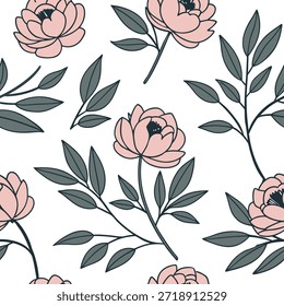 Vintage inspired peony seamless pattern with muted colors and distressed textures on white concept as Muted color vintage peonies with distressed textures creating a timeless seamless pattern ideal for retro designs in Photo Stock Concept and empty space on the left side,no text --ar 7:2 --tile