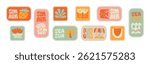 Vintage inspired postage stamp set themed around summer travel and beach vacations. Retro style postal labels with handwritten lettering, depicting seaside tourism and seasonal holiday vibes. Vector.