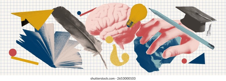 Vintage inspired school collage with notebook paper, brain, books and geometric accents