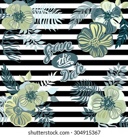 Vintage inspired summer tropical flowers and leaves. Hand drawn vector template for "Save the date" or other posters and banners designs.