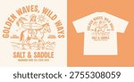 Vintage inspired t-shirt design featuring a cowgirl riding a horse while carrying a surfboard Perfect for surf lovers, coastal fashion, summer apparel, and Hawaiian-themed designs.