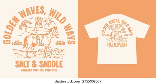 Vintage inspired t-shirt design featuring a cowgirl riding a horse while carrying a surfboard Perfect for surf lovers, coastal fashion, summer apparel, and Hawaiian-themed designs.