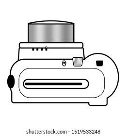 Vintage instant camera vector illustration, viewed from the top. Icon for websites or mobile applications, in black and white. Flash, lens, and printing compartment visible.