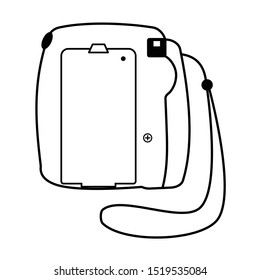 Vintage instant camera vector illustration, rear view. Icon for websites or mobile applications, in black and white. Viewfinder and battery compartment visible.