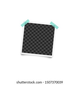 Vintage instant picture - realistic mockup, blank square photograph frame stuck to wall with colorful duct tape, cool stationery or scrapbooking album element - isolated vector illustration