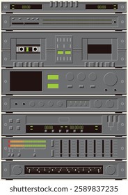 Vintage Integrated Stereo System Style Background. 1980s - 1990s HiFi Music System, CD Player, Radio, Amplifier, Equalizers