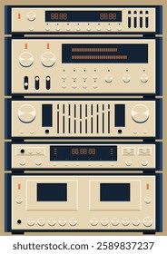 Vintage Integrated Stereo System Style Background. 1980s - 1990s HiFi Music System, CD Player, Radio, Amplifier, Equalizers