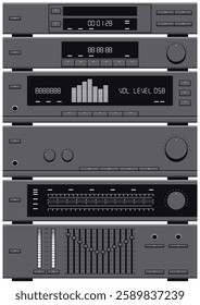 Vintage Integrated Stereo System Style Background. 1980s - 1990s HiFi Music System, CD Player, Radio, Amplifier, Equalizers