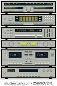 Vintage Integrated Stereo System Style Background. 1980s - 1990s HiFi Music System, CD Player, Radio, Amplifier, Equalizers