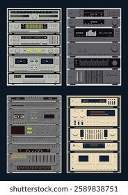 Vintage Integrated Stereo System Style Backgrounds. 1980s - 1990s HiFi Music Systems, Cassettes and CD Players, Radio, Amplifiers, Equalizers