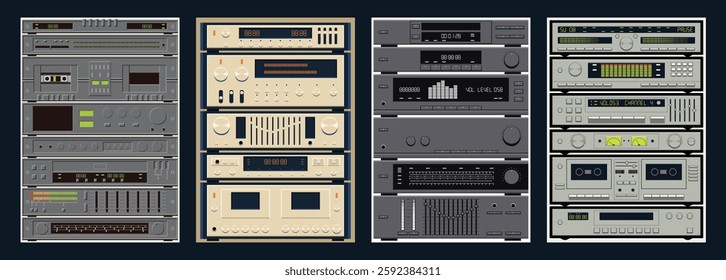 Vintage Integrated Stereo System Style Backgrounds. 1980s - 1990s HiFi Music Systems, Cassettes and CD Players, Radio, Amplifiers, Equalizers