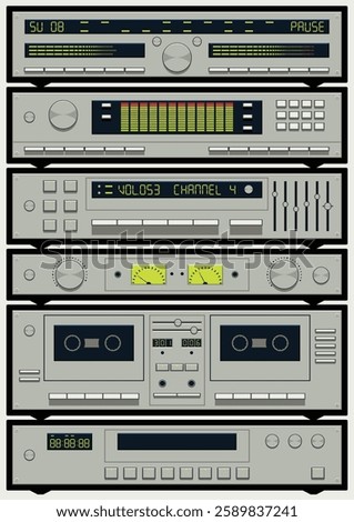 Vintage Integrated Stereo System Style Background. 1980s - 1990s HiFi Music System, CD Player, Radio, Amplifier, Equalizers