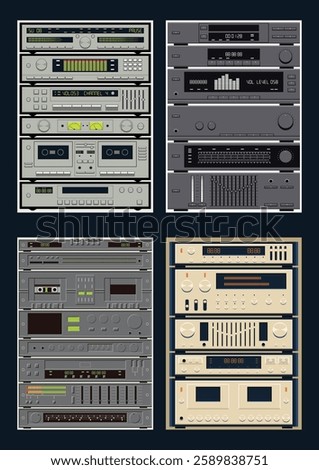 Vintage Integrated Stereo System Style Backgrounds. 1980s - 1990s HiFi Music Systems, Cassettes and CD Players, Radio, Amplifiers, Equalizers