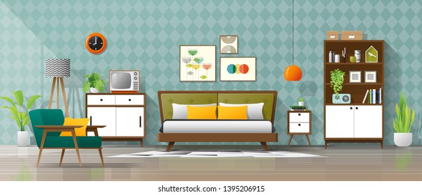 Vintage interior background with mid century modern bedroom , vector , illustration