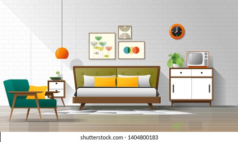 Vintage interior con moderno dormitorio, vectorial , ilustración