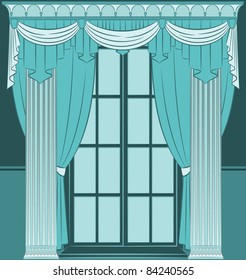 The vintage interior with curtain. Vector
