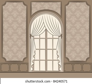 The vintage interior with curtain. Vector