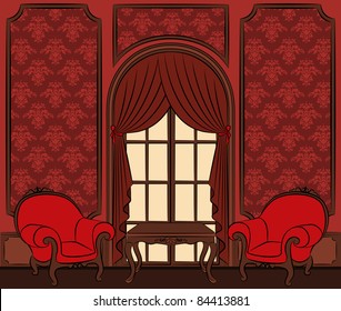 The vintage interior with curtain. Vector