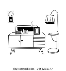 Vintage interior design, chest of drawers with bookshelf, books, vase, floor lamp, wall clock. Everything is hand-drawn in black vector. Suitable for printing on paper and fabric, for interior design.