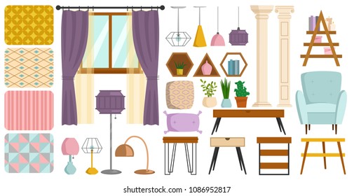 Vintage interior furniture rich wealthy house chair room with sofa couch seat set vector illustration.