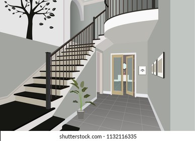 Vintage interior of the hallway with a staircase. Design of modern room. Symbol furniture, hallway illustration