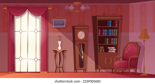 Vintage interior. Indoor background with old style furniture in living room or library with shelves and armchairs exact vector template