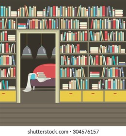 Vintage Interior Reading Room Vector Illustration