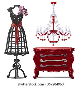 Vintage interior in red and the skeleton dress. Vector