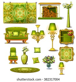 Vintage interior room in green. Trendy furniture and accessories. Vector illustration.
