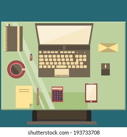 Vintage interior, workplace, in a flat design