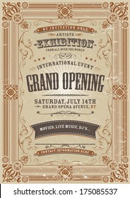 Vintage Invitation Background/ Illustration of a vintage invitation background to a grand opening exhibition with floral patterns, frames, banners, grunge texture and lots of retro design elements