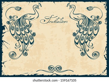 Vintage invitation or card with blue outline peacock 