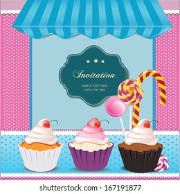 vintage invitation card with cupcakes