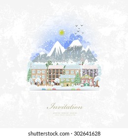 Vintage invitation card with cute cityscape and space for text. Winter travel.