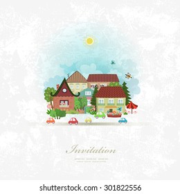 vintage invitation card with cute village landscape