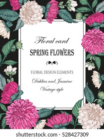 Vintage invitation card with dahlias and jasmine. Vector illustration.
