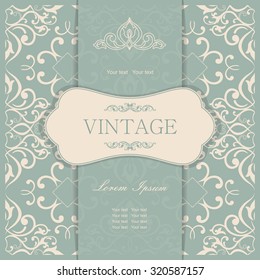 Vintage invitation card with damask ornaments in green and beige