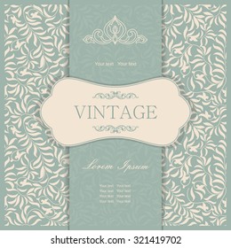 Vintage invitation card with damask ornaments in green and beige