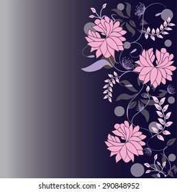 Vintage invitation card with elegant floral design, pink on purple. Vector illustration.