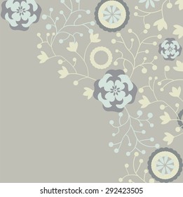 Vintage invitation card with elegant retro floral design, blue and yellow flowers on gray. Vector illustration.